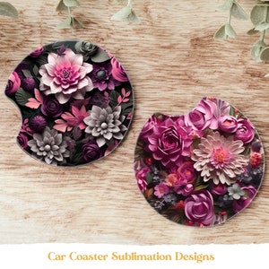 Flower Car Coaster Sublimation Designs, 3d Sublimation Coaster, Pink Car Coaster Png, Flower Coaster Designs, Floral Car Coaster Designs