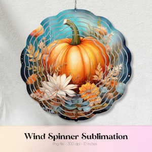 May include: A 10-inch metal wind spinner with a layered design featuring a large orange pumpkin surrounded by white and yellow flowers. The background is a swirling blue and green pattern.