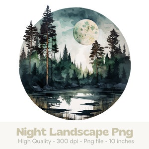 Paysage forestier png, pin png, pleine lune png, nature sauvage png, paysage de ciel nocturne, sublimation de la nature, rivière png, sublimation png hommes