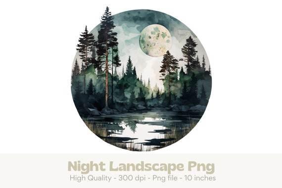 Forest Landscape Png, Pine Tree Png, Full Moon Png, Wilderness Png, Night Sky Landscape, Nature Sublimation, River Png, Sublimation Png Men