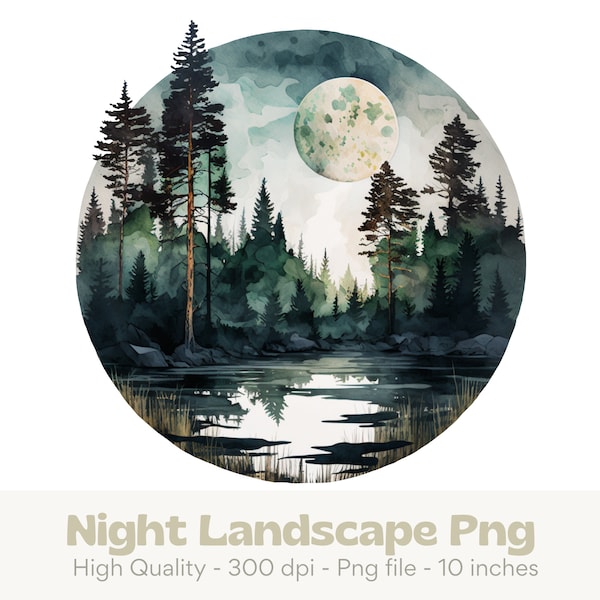 Forest Landscape Png, Pine Tree Png, Full Moon Png, Wilderness Png, Night Sky Landscape, Nature Sublimation, River Png, Sublimation Png Men