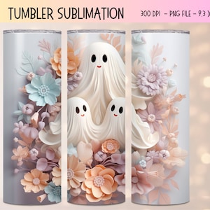 May include: A sublimation design featuring three white ghosts with smiling faces surrounded by pastel pink, peach, and blue flowers. The design is perfect for a 9.3 x 8.2 inch tumbler.