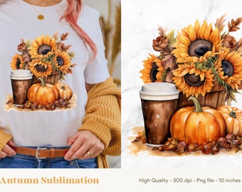 Citrouille D'automne PNG, Tournesol PNG, Sublimation Design, Sublimation D'automne, Aquarelles Citrouilles PNG, Design Sublimation D'automne, Café D'automne PNG