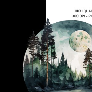 May include: A watercolor painting of a forest scene with a large, full moon in the sky. The trees are a dark green and the moon is a light blue with white clouds around it.