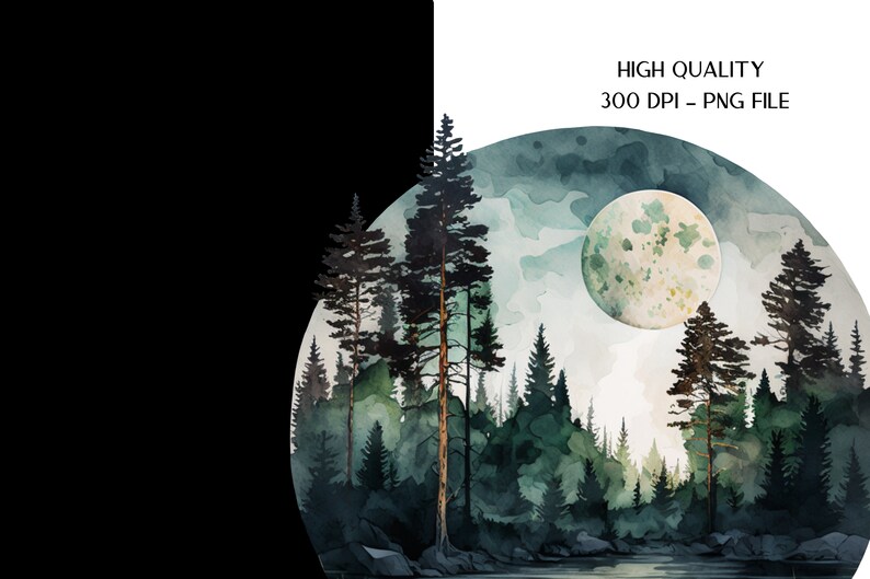 May include: A watercolor painting of a forest scene with a large, full moon in the sky. The trees are a dark green and the moon is a light blue with white clouds around it.