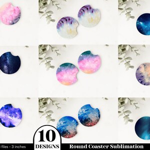 May include: Ten designs of 3-inch round sublimation coasters featuring galaxy and nebula patterns in shades of pink, blue, and purple. 300 dpi PNG files.