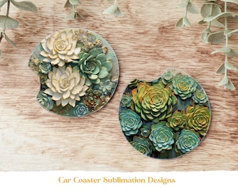 Sous-verres de voiture succulents Png, Sous-verre bohème en sublimation, Sous-verres de voiture plante Png, Sous-verres de voiture verte, Sous-verres de sublimation 3D