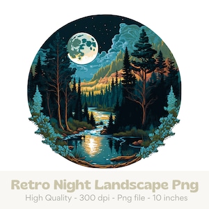 May include: A retro-style illustration of a moonlit forest scene with a river flowing through it. The moon is full and bright, casting a glow on the water. The trees are dark and silhouetted against the night sky. The scene is framed by a circle.