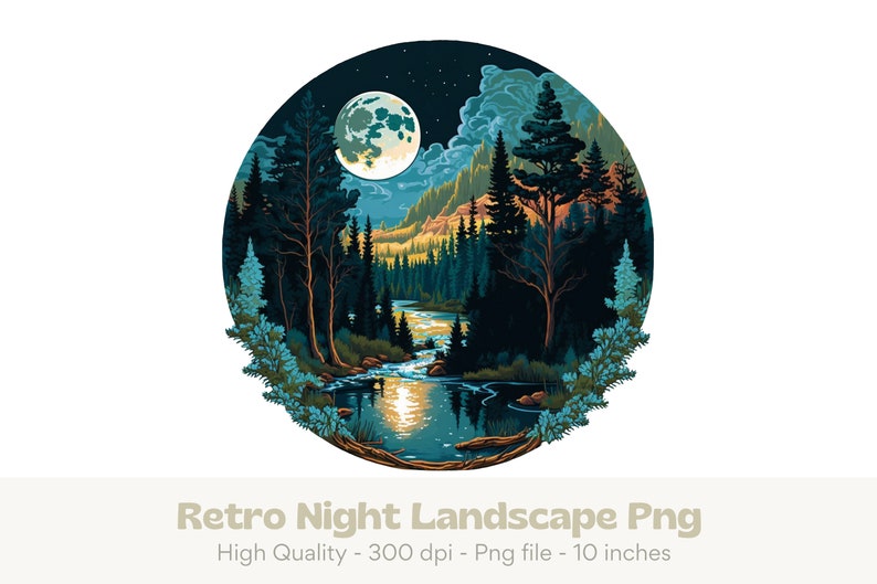 May include: A retro-style illustration of a moonlit forest scene with a river flowing through it. The moon is full and bright, casting a glow on the water. The trees are dark and silhouetted against the night sky. The scene is framed by a circle.