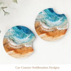 May include: Two round car coasters with a sublimation design of an ocean scene. The design features blue and turquoise water with white foamy waves crashing on a sandy beach.