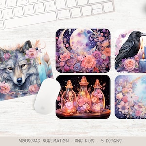 May include: Five different designs for mousepads featuring a wolf, a raven, bottles, and a crescent moon with flowers. The designs are all in a watercolor style with a soft, dreamy aesthetic.