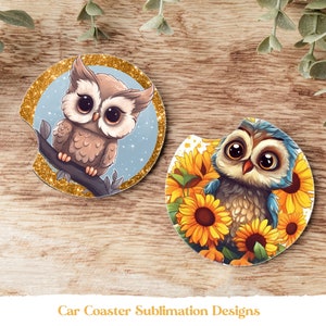 Owl Car Coaster Sublimation Designs, Cute Car Coaster Png, Fall Car Coaster Png, Autumn Car Coaster Png, Bird Car Coaster Png, Owl Coasters