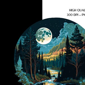 May include: A digital illustration of a moonlit forest scene with a full moon in the sky, a river flowing through the trees, and a starry night sky.