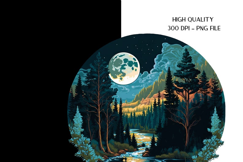 May include: A digital illustration of a moonlit forest scene with a full moon in the sky, a river flowing through the trees, and a starry night sky.