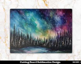 May include: A digital design featuring a watercolor painting of a forest silhouette against a vibrant, colorful night sky with stars. The sky is a mix of purple, blue, green, and yellow hues. This design is perfect for sublimation projects like cutting boards.