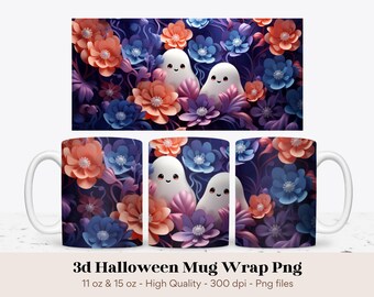 Tazza di Halloween 3D, Tazza di Fantasma 3D, Tazza di Halloween in formato PNG, Tazza di Fiore 3D, Tazza Spettrale in formato PNG, Disegni per tazze a sublimazione, Tazza autunnale