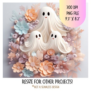 May include: Three white ghosts with smiling faces are surrounded by pastel pink, peach, and blue paper flowers. The ghosts are arranged in a triangular shape with the largest ghost at the top. The image is 23.6 cm by 20.8 cm and is a 300 DPI PNG file.