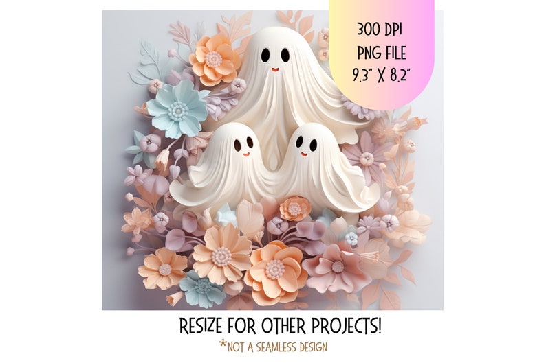 May include: Three white ghosts with smiling faces are surrounded by pastel pink, peach, and blue paper flowers. The ghosts are arranged in a triangular shape with the largest ghost at the top. The image is 23.6 cm by 20.8 cm and is a 300 DPI PNG file.