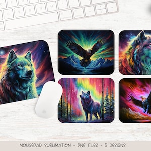May include: Five colorful mousepad designs featuring a wolf and an eagle with a starry sky and aurora borealis background.