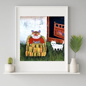 Tableau chinois peint à la main &quot;Enfant et chat&quot;, 60 x 59 cm, original de Suzhou, motif nostalgique, pièce unique signée