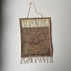 Decorative silk wall hanging, handmade, patchwork Kalamkari design, cream, beige, gold, 90s, gift idea, wall decoration