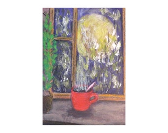 Window Sill and Coffee Cup Still Life Acrylic Painting 5 by 7 inches