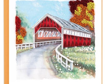 Quilled Red Covered Bridge Greeting Card – Handmade Paper Art, Rustic 3D Design, Countryside Theme, Blank Inside