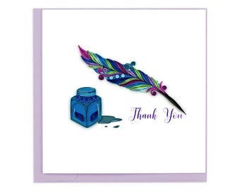 Quilled Quill & Ink Thank You Card – Handmade Elegant Paper Art, Classic 3D Cursive Writing, Timeless Gratitude Card, Blank Inside