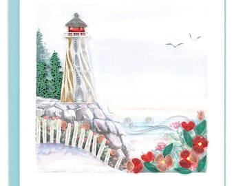 Quilled Lighthouse Cliff Greeting Card - Handmade Vibrant Paper Art, Colorful 3D Nautical Design, Scenic Keepsake, Blank Inside