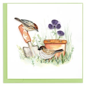 Quilled Garden Sparrow Greeting Card – Handmade 3D Paper Art, Charming Bird Design, Elegant Keepsake, Blank Inside