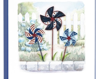 Quilled 4th of July Pinwheels Greeting Card – Handmade Patriotic Paper Art, Iconic 3D Design, Festive Theme, Blank Inside