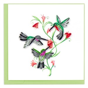 Quilled Hummingbird Trio Greeting Card – Handmade Vibrant Paper Art, Detailed 3D Bird Design, Delicate Nature Theme, Blank Inside