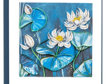 Quilled Lotus Pond Greeting Card – Handmade Floral Card, Intricate 3D Paper Art, Elegant Aquatic Design, Blank Inside