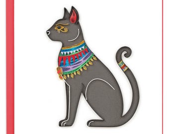 Quilled Egyptian Cat Greeting Card – Handmade Paper Art, Vibrant 3D Cat Design, Desert Theme, Blank Inside