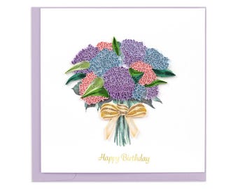 Quilled Hydrangea Bouquet Birthday Card – Handmade Floral Paper Art, Delicate 3D Design, Elegant Celebration Card, Blank Inside