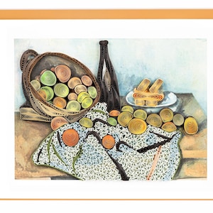 May include: A still life painting of a bowl of fruit, a bottle of wine, and a plate of bread. The painting is done in a style reminiscent of the Impressionist movement, with loose brushstrokes and a focus on light and color.