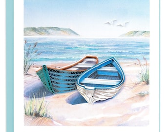 Quilled Two Boats on the Shore Greeting Card - Handmade Vibrant Paper Art, Colorful 3D Beach Design, Summer Keepsake, Blank Inside