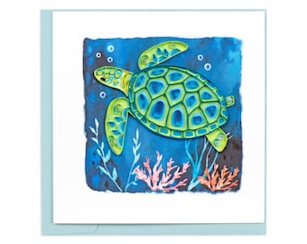 Quilled Decorative Sea Turtle Greeting Card – Handmade Coastal Paper Art, Intricate 3D Design, Serene Ocean Theme, Blank Inside