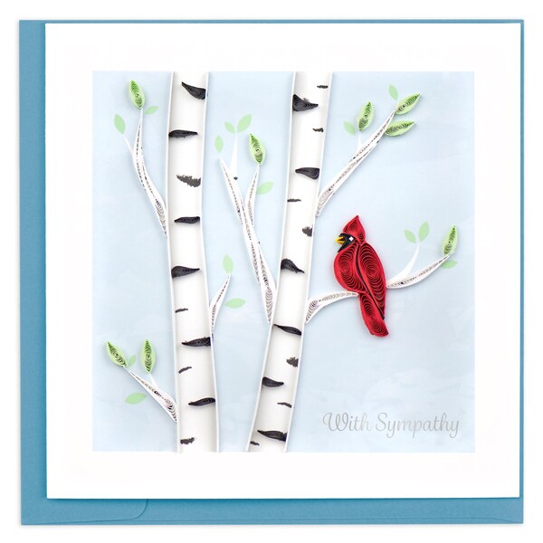 Quilled Cardinal Sympathy Greeting Card, cardinals appear when angels are near, birch trees, sympathy gift loss of mother, thinking of you