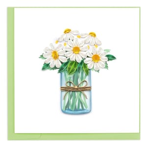 Quilled White Daisies in Jar Greeting Card – Handmade 3D Paper Art, Rustic Floral Design, Charming Keepsake, Blank Inside