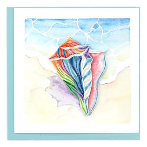Quilled Rainbow Conch Shell Greeting Card – Handmade Coastal Paper Art, Vibrant 3D Seashell Design, Tropical Beach Theme, Blank Inside
