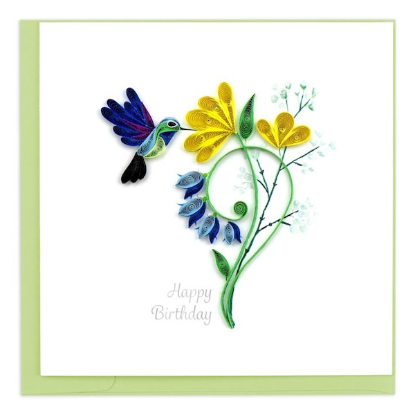 Quilled Birthday Hummingbird Greeting Card – Handmade Vibrant Paper Art, Delicate 3D Bird Design, Cheerful Celebration, Blank Inside