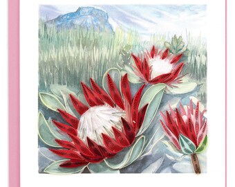 Quilled King Protea Greeting Card -  Handmade Vibrant Paper Art, Colorful 3D Floral Design, Cheerful Nature Keepsake, Blank Inside