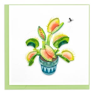 Tarjeta de felicitación de Venus atrapamoscas hecha a mano: arte de papel 3D hecho a mano, diseño de planta caprichoso, recuerdo único, interior en blanco
