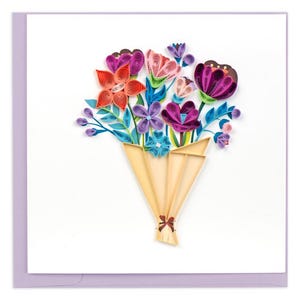 Quilled Playful Flower Bouquet Greeting Card – Handmade Paper Art, Vibrant 3D Floral Design, Whimsical Botanical Theme, Blank Inside