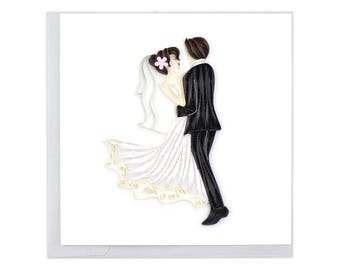 Quilled Dancing Bride & Groom Wedding Card – Handmade Romantic Paper Art, Graceful 3D Design, Joyful Celebration Keepsake, Blank Inside