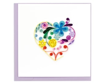 Quilled Floral Rainbow Heart Greeting Card – Handmade Colorful Paper Art, Delicate 3D Floral Design, Vibrant Heart Motif, Blank Inside