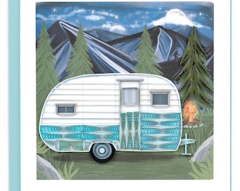 Quilled Camper Greeting Card - Handmade Vibrant Paper Art, Colorful 3D Outdoor Design, Wildlife Keepsake, Blank Inside