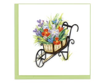 Quilled Wheelbarrow Garden Greeting Card – Handmade Elegant Paper Art, Delicate 3D Floral Design, Charming Seasonal Keepsake, Blank Inside