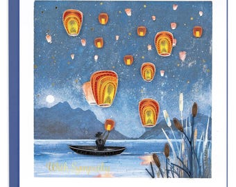 Quilled Sympathy Lanterns Greeting Card – Handmade Paper Art, Vibrant 3D Design, Blank Inside
